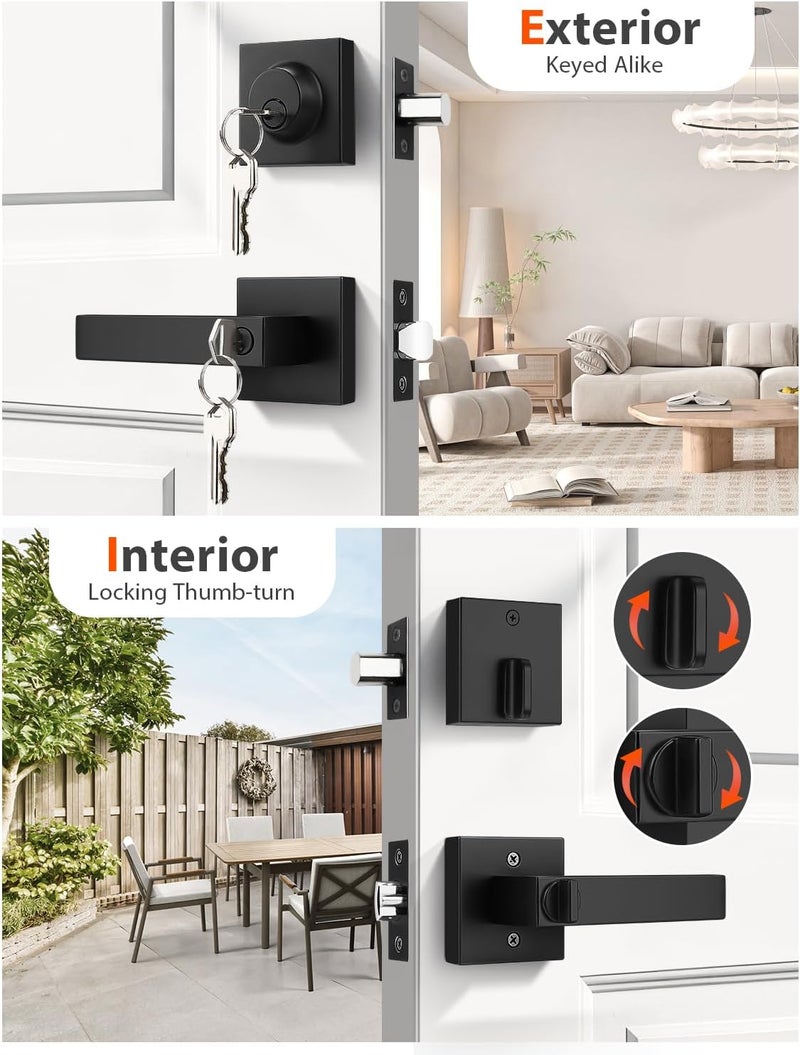 Tinewa 3 Pack Square Keyed Alike Front/Exterior Door Levers with Single Cylinder Deadbolt, Flat Black Entry Door Knob Lock Set with Deadbolt Combination Sets, for Entrance/Front and Office Doors - Image 3
